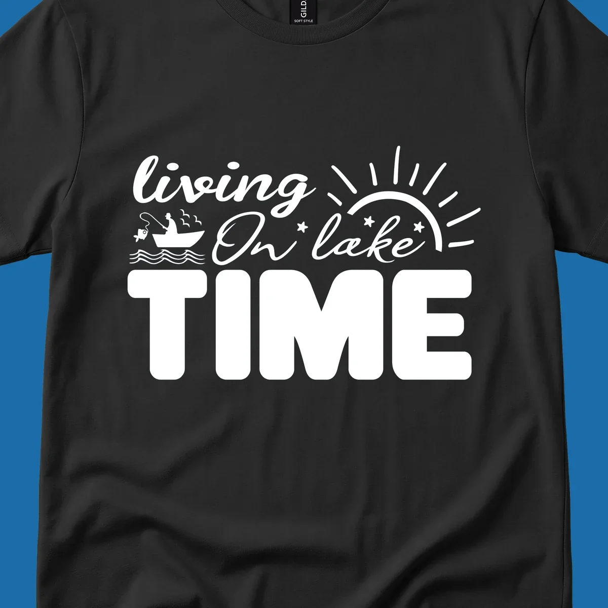 Living on lake time graphic with fishing boat, sun, and waves.