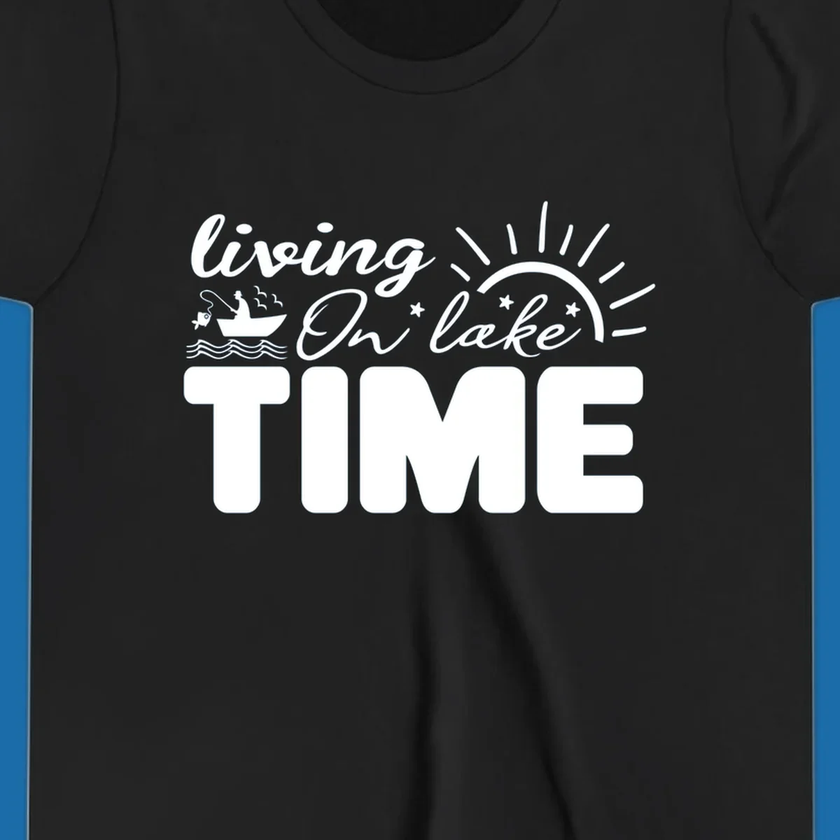 Living on lake time graphic with fishing boat, sun, and waves.