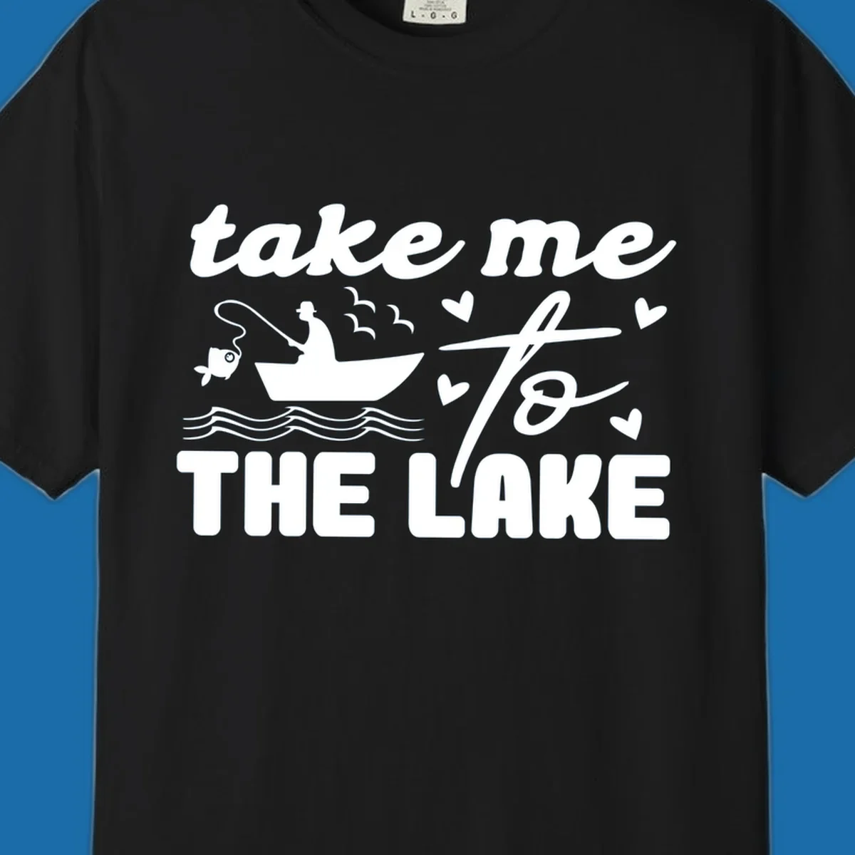 Fishing lake life design with fisherman in boat and text "take me to the lake".