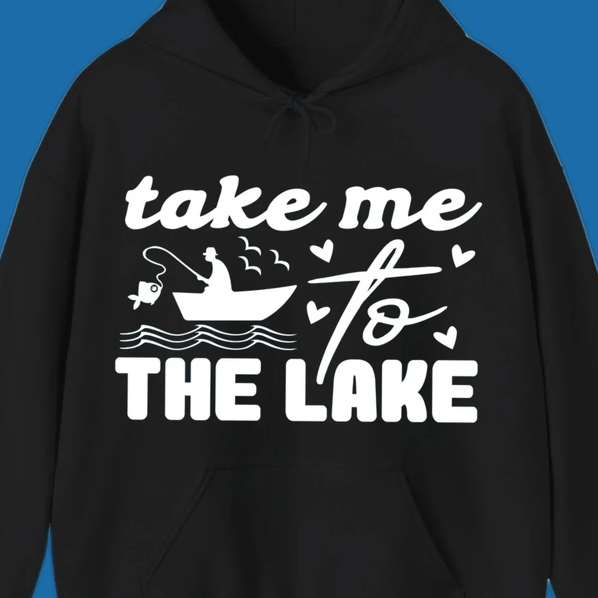 Fishing lake life design with fisherman in boat and text "take me to the lake".