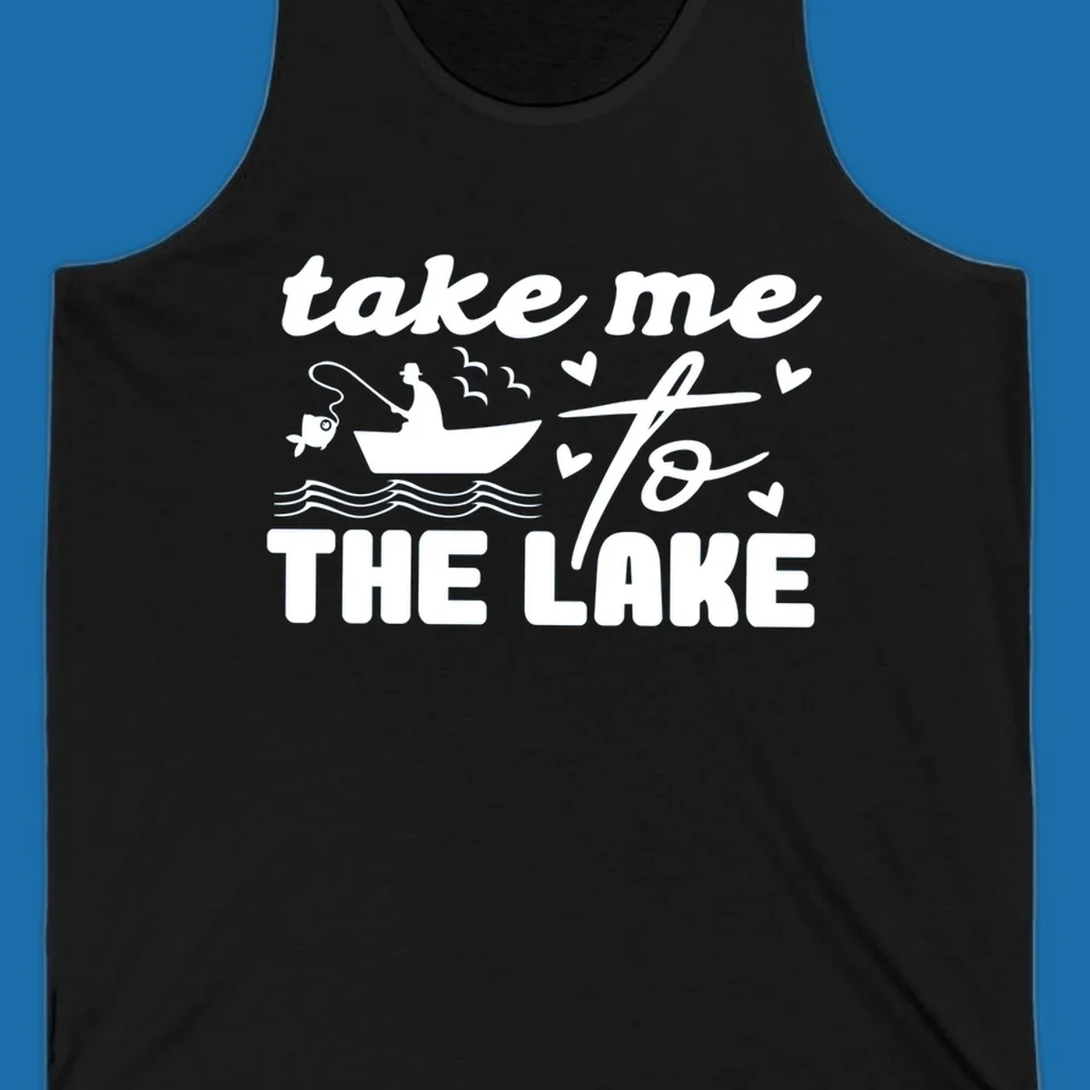 Fishing lake life design with fisherman in boat and text "take me to the lake".