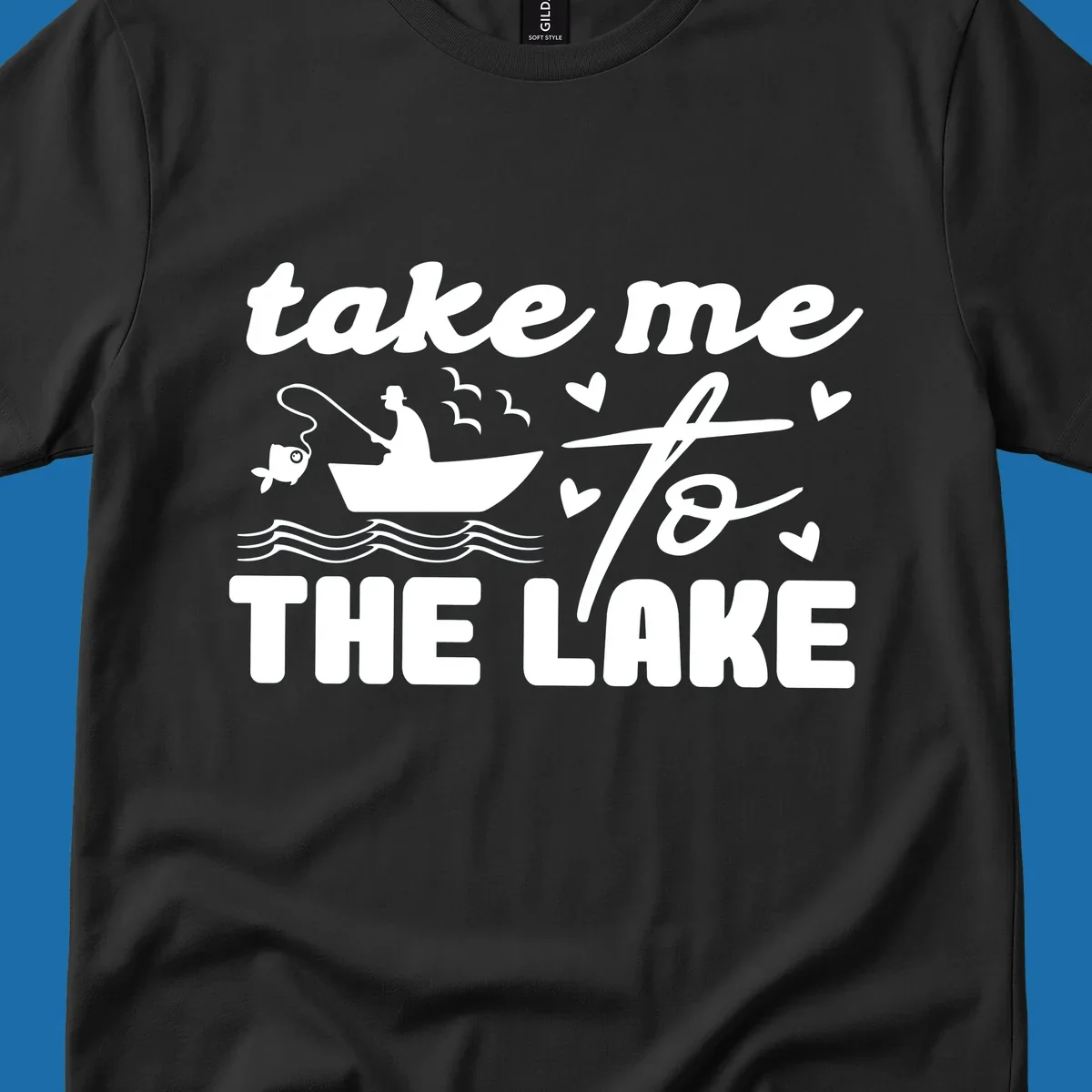 Fishing lake life design with fisherman in boat and text "take me to the lake".