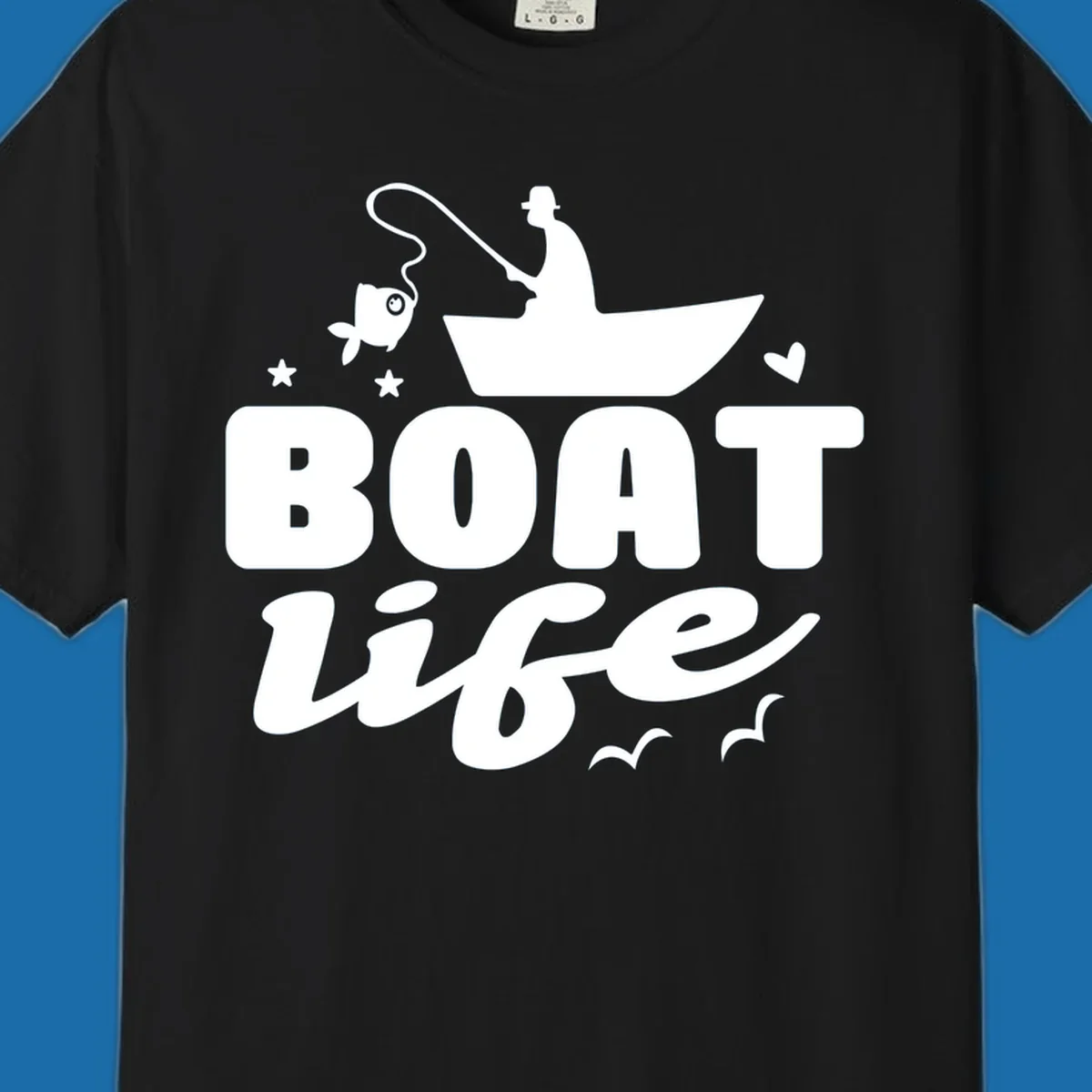 Boat life fishing design with fisherman, boat, fish, stars, heart, and birds.
