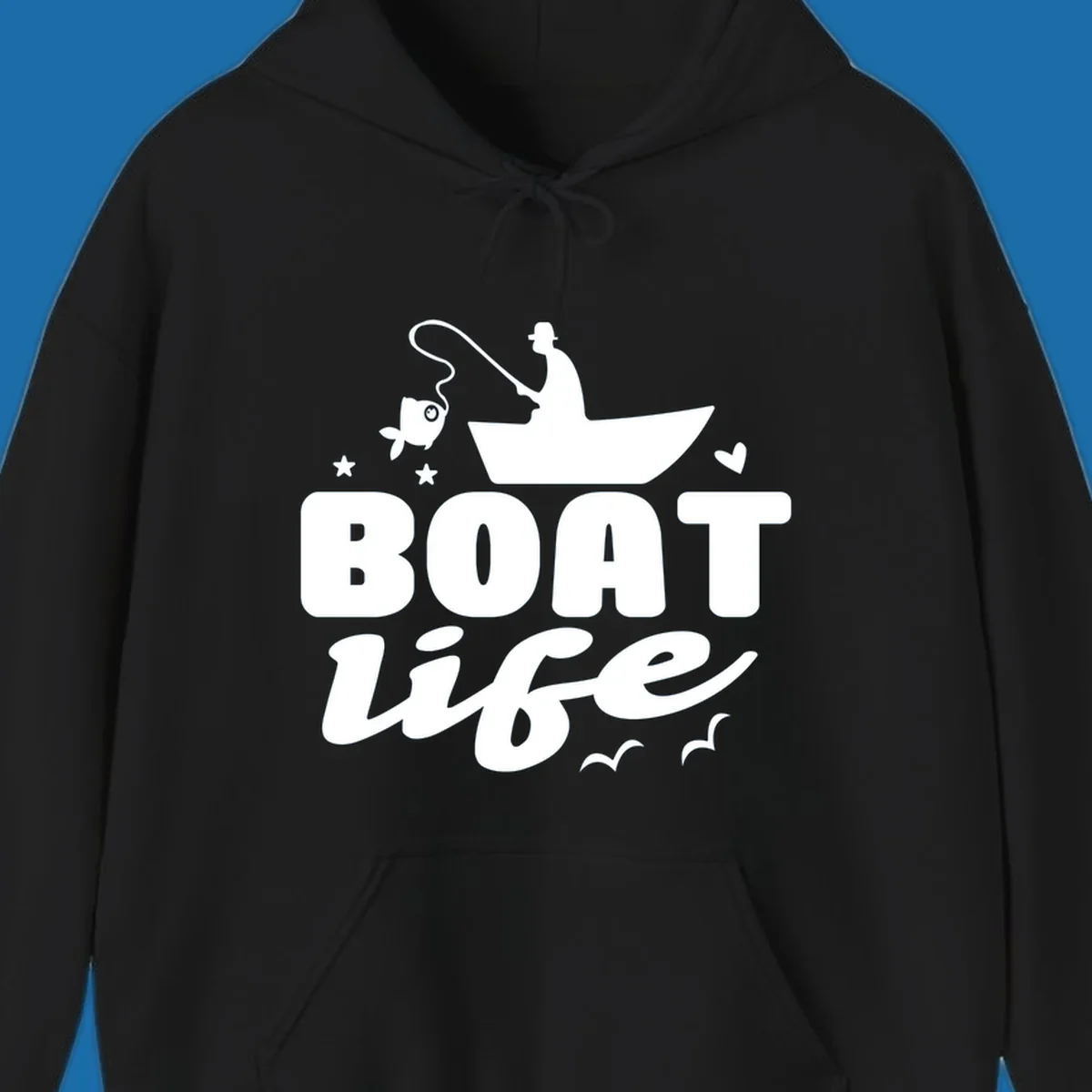Boat life fishing design with fisherman, boat, fish, stars, heart, and birds.