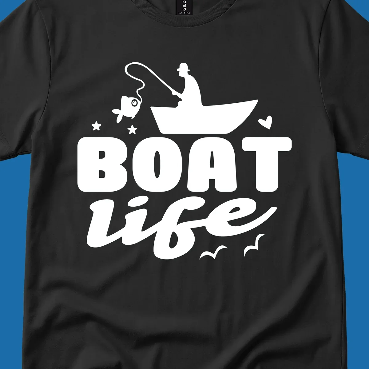 Boat life fishing design with fisherman, boat, fish, stars, heart, and birds.