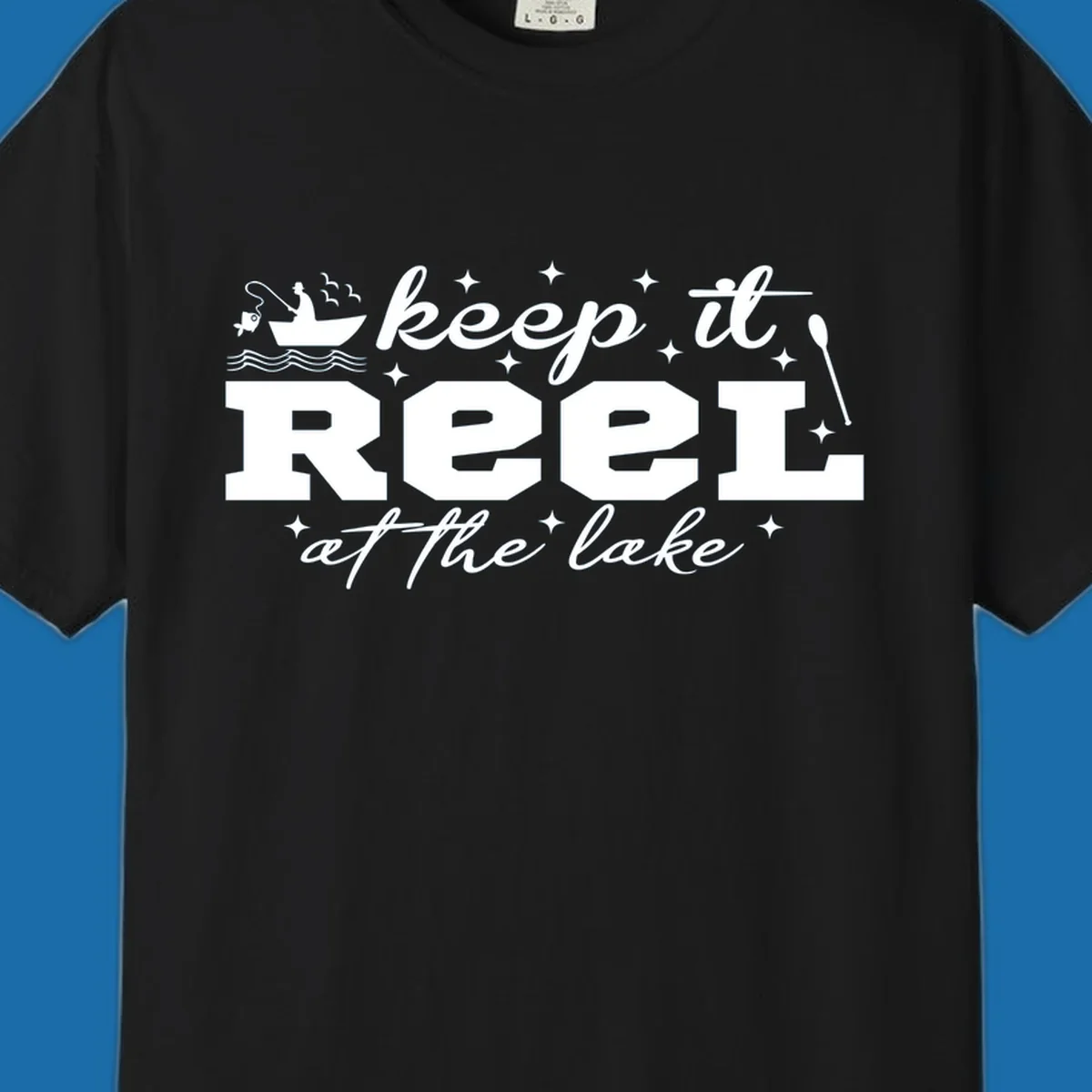 Keep it reel at the lake fishing design with boat and fisherman