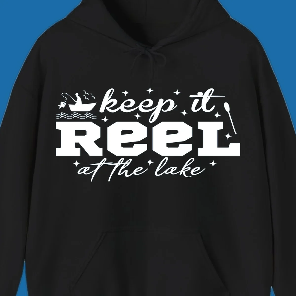 Keep it reel at the lake fishing design with boat and fisherman