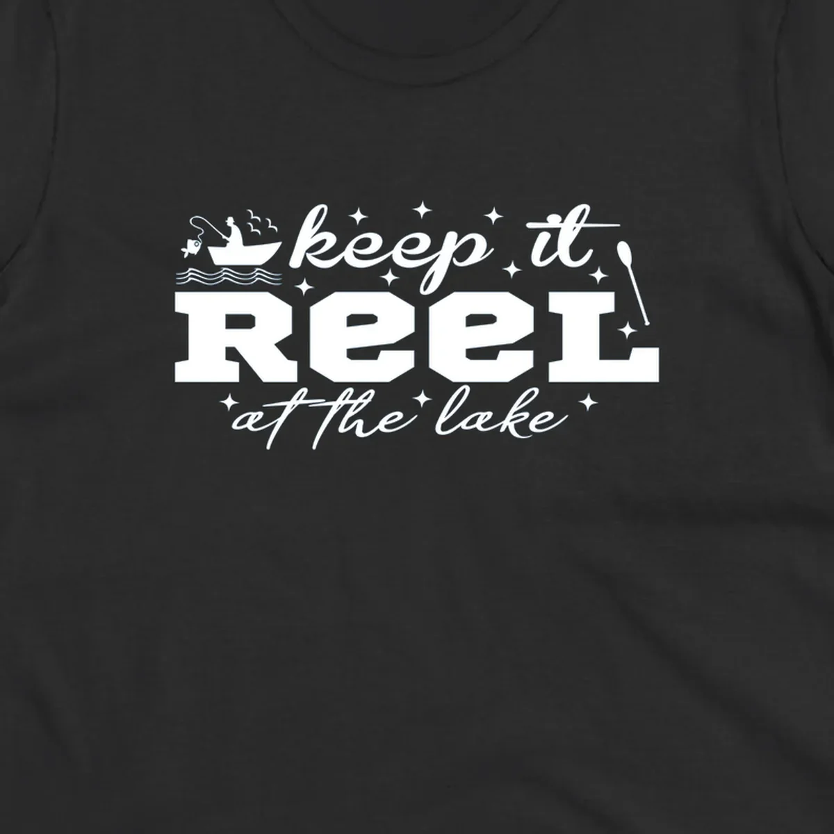Keep it reel at the lake fishing design with boat and fisherman