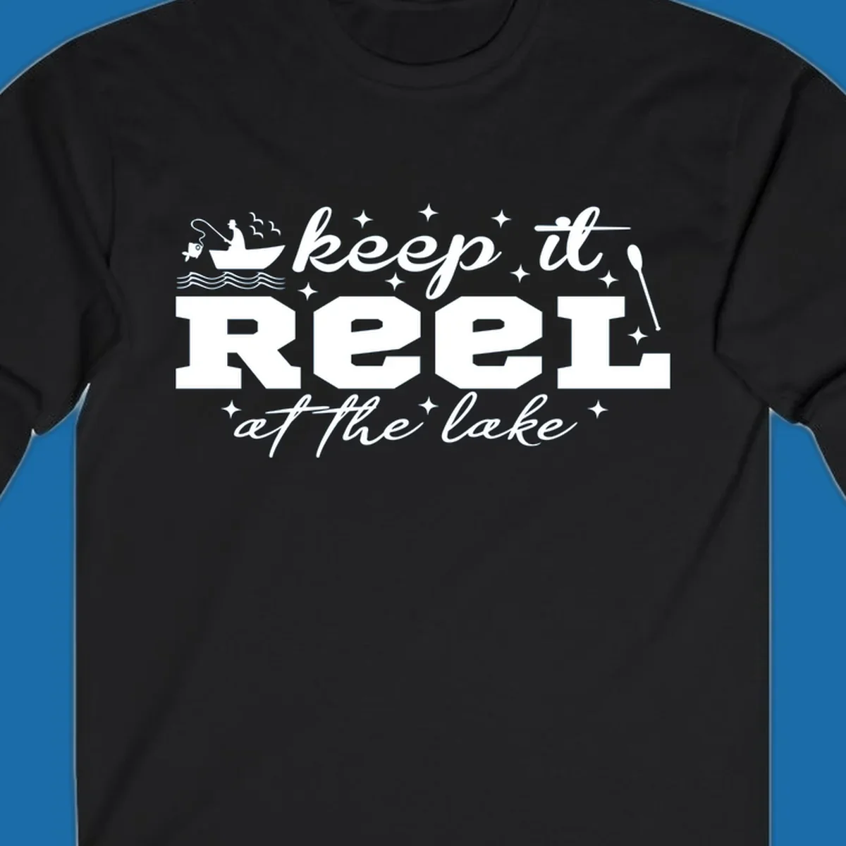Keep it reel at the lake fishing design with boat and fisherman