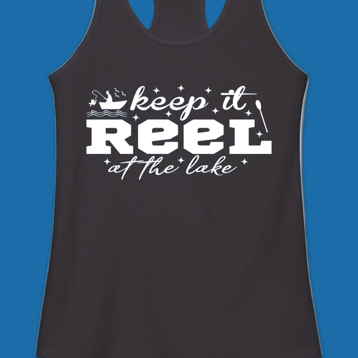 Keep it reel at the lake fishing design with boat and fisherman