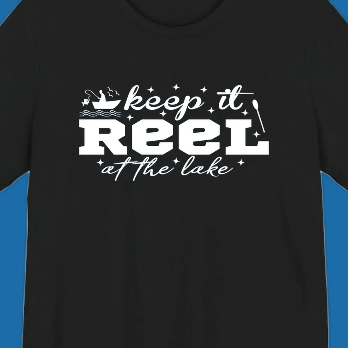 Keep it reel at the lake fishing design with boat and fisherman