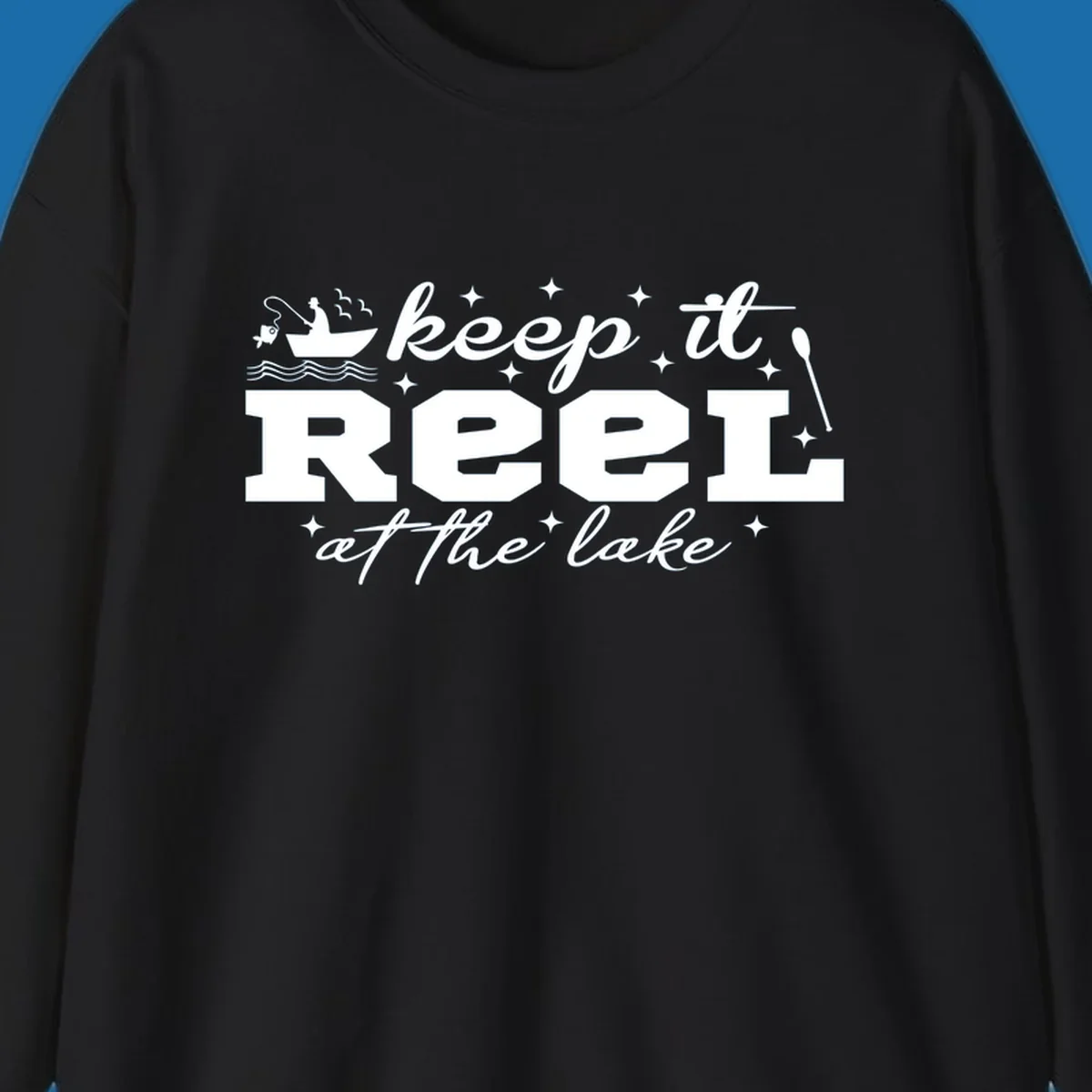 Keep it reel at the lake fishing design with boat and fisherman