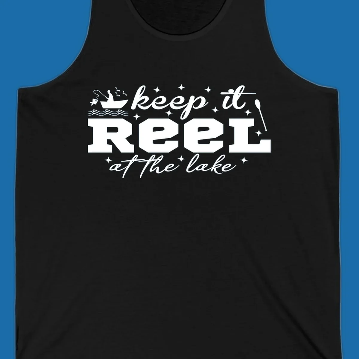 Keep it reel at the lake fishing design with boat and fisherman