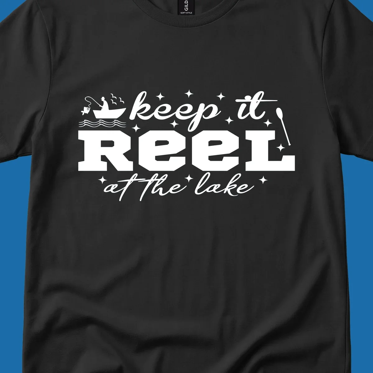 Keep it reel at the lake fishing design with boat and fisherman
