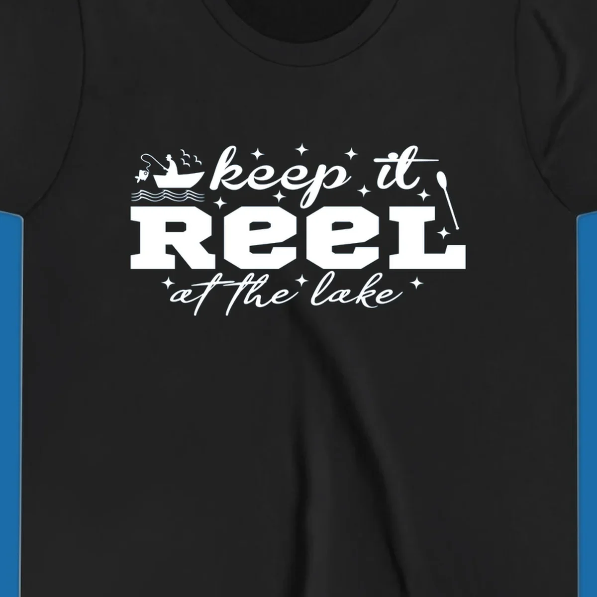 Keep it reel at the lake fishing design with boat and fisherman