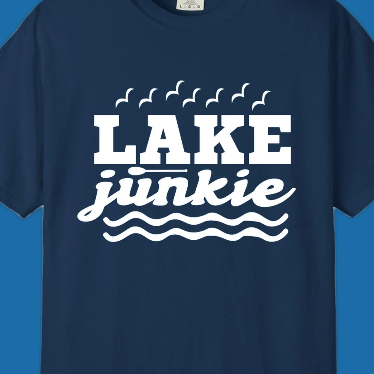 Lake Junkie design with text, paddle, birds, and waves.
