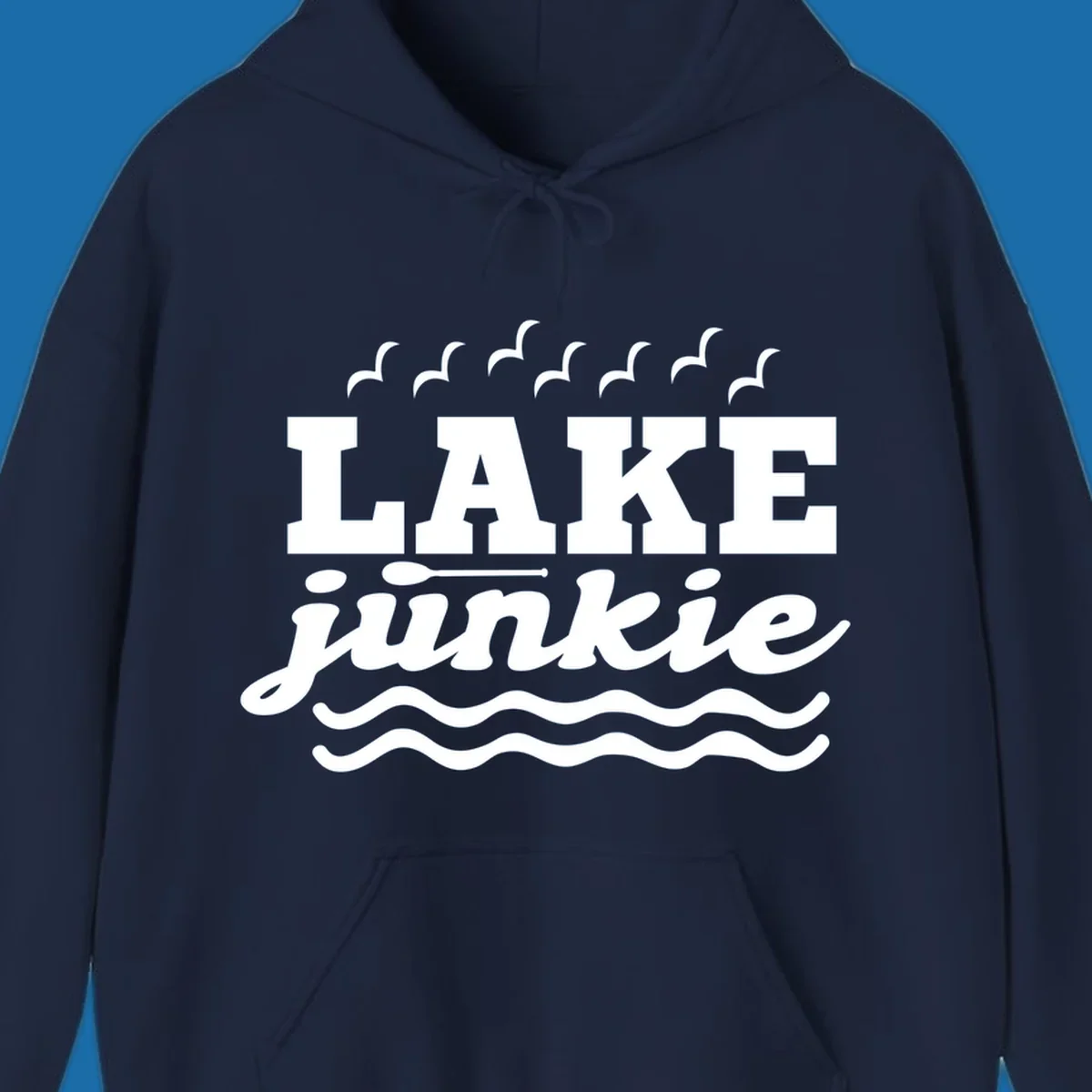Lake Junkie design with text, paddle, birds, and waves.
