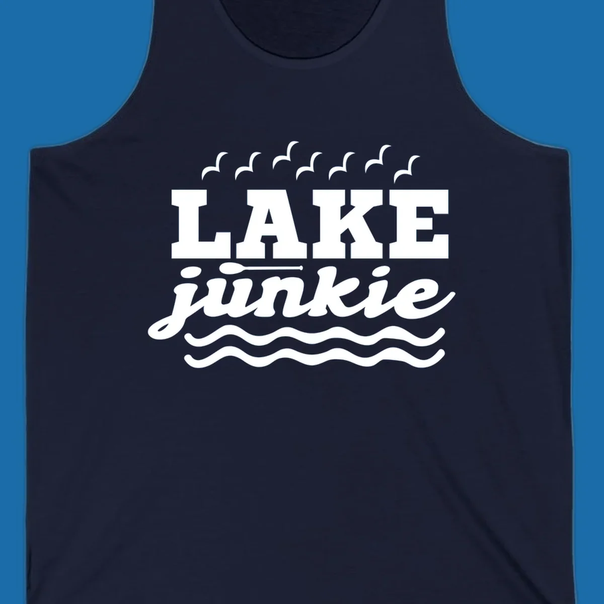 Lake Junkie design with text, paddle, birds, and waves.
