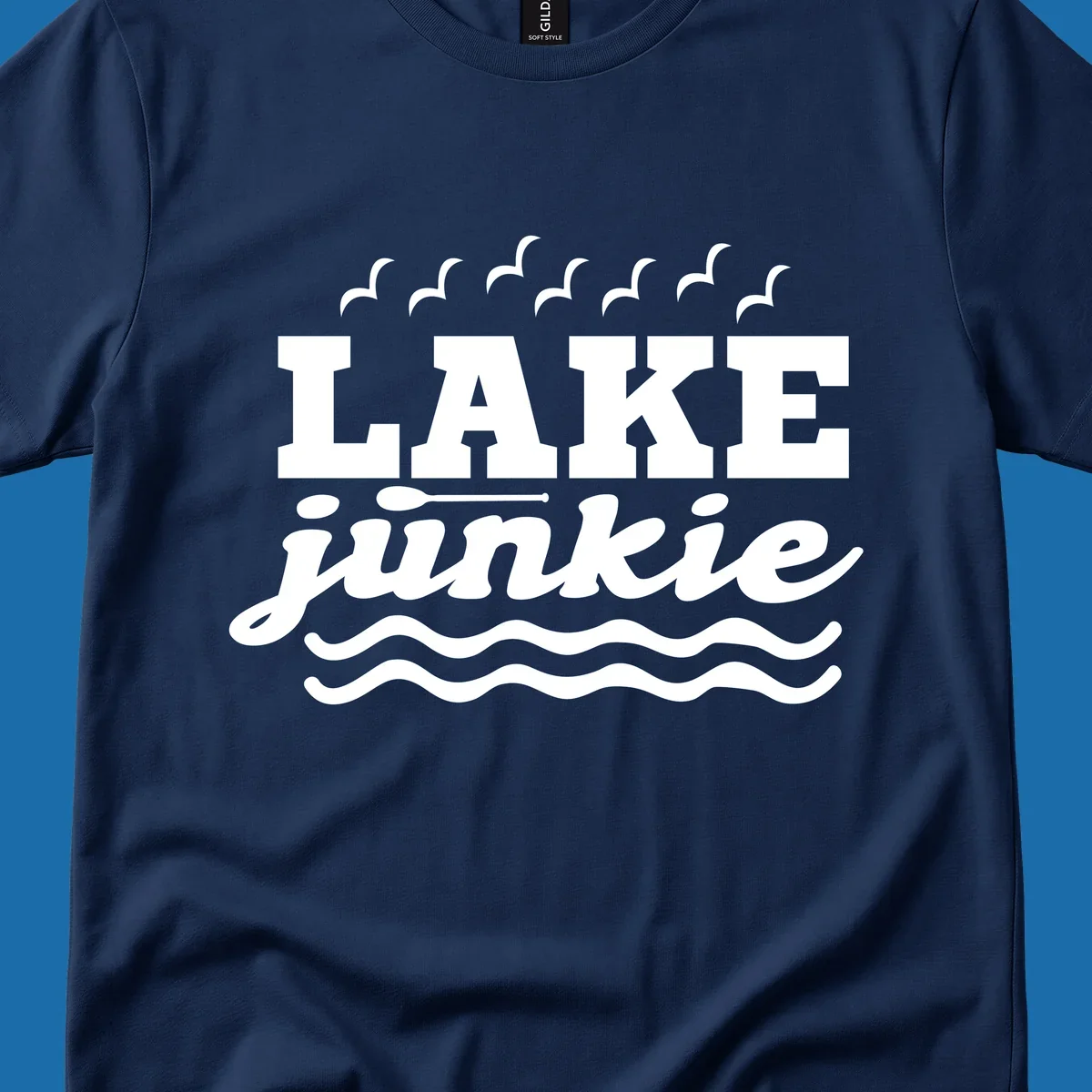 Lake Junkie design with text, paddle, birds, and waves.