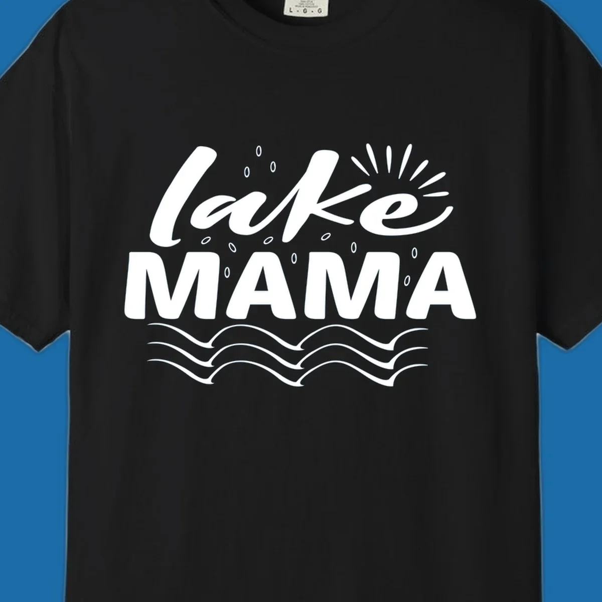 Lake Mama design with script text and wave graphics