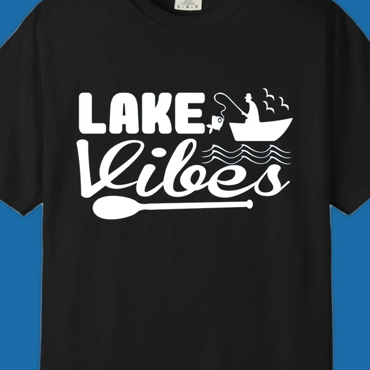 Lake Vibes fishing graphic with fisherman, boat, fish, and oar.