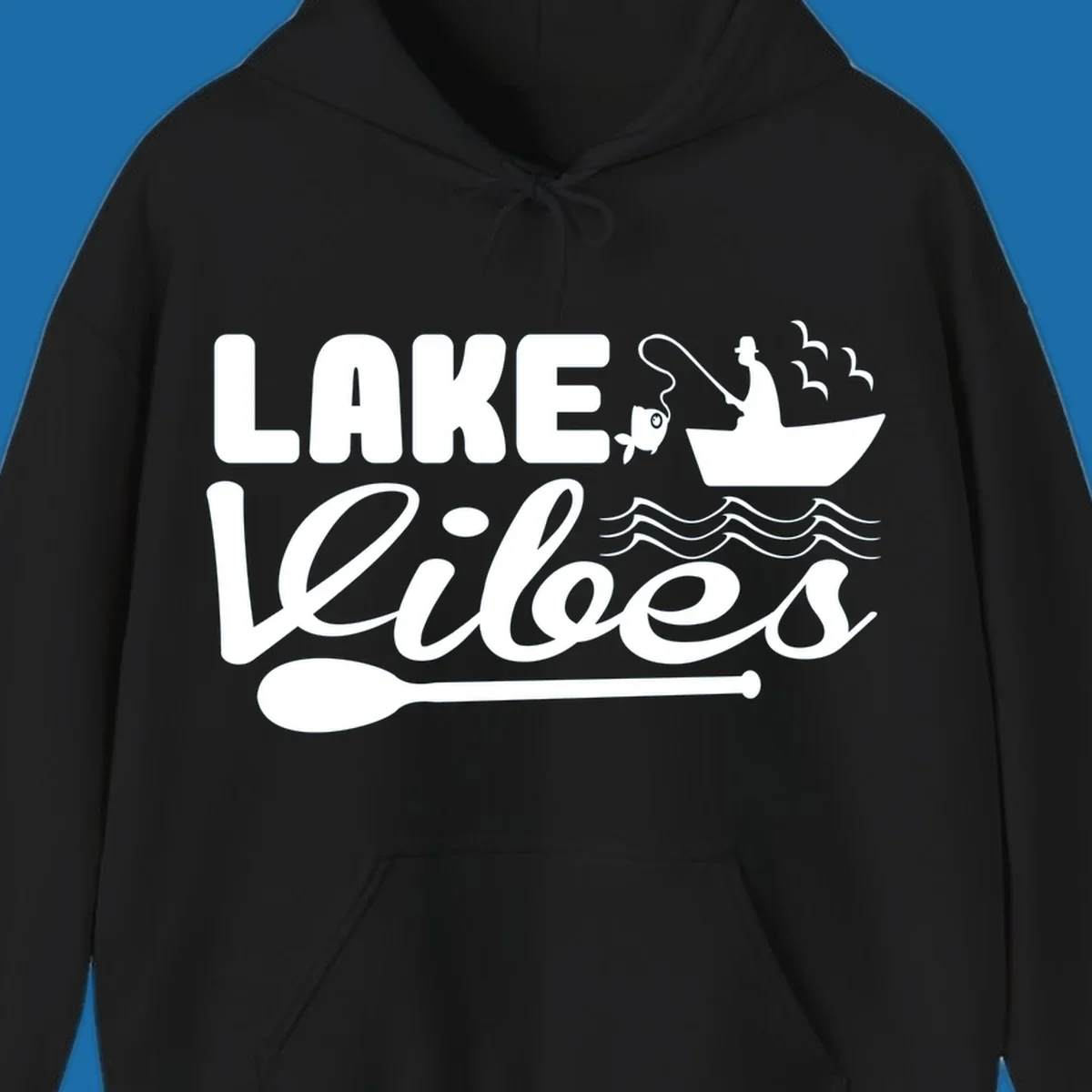 Lake Vibes fishing graphic with fisherman, boat, fish, and oar.