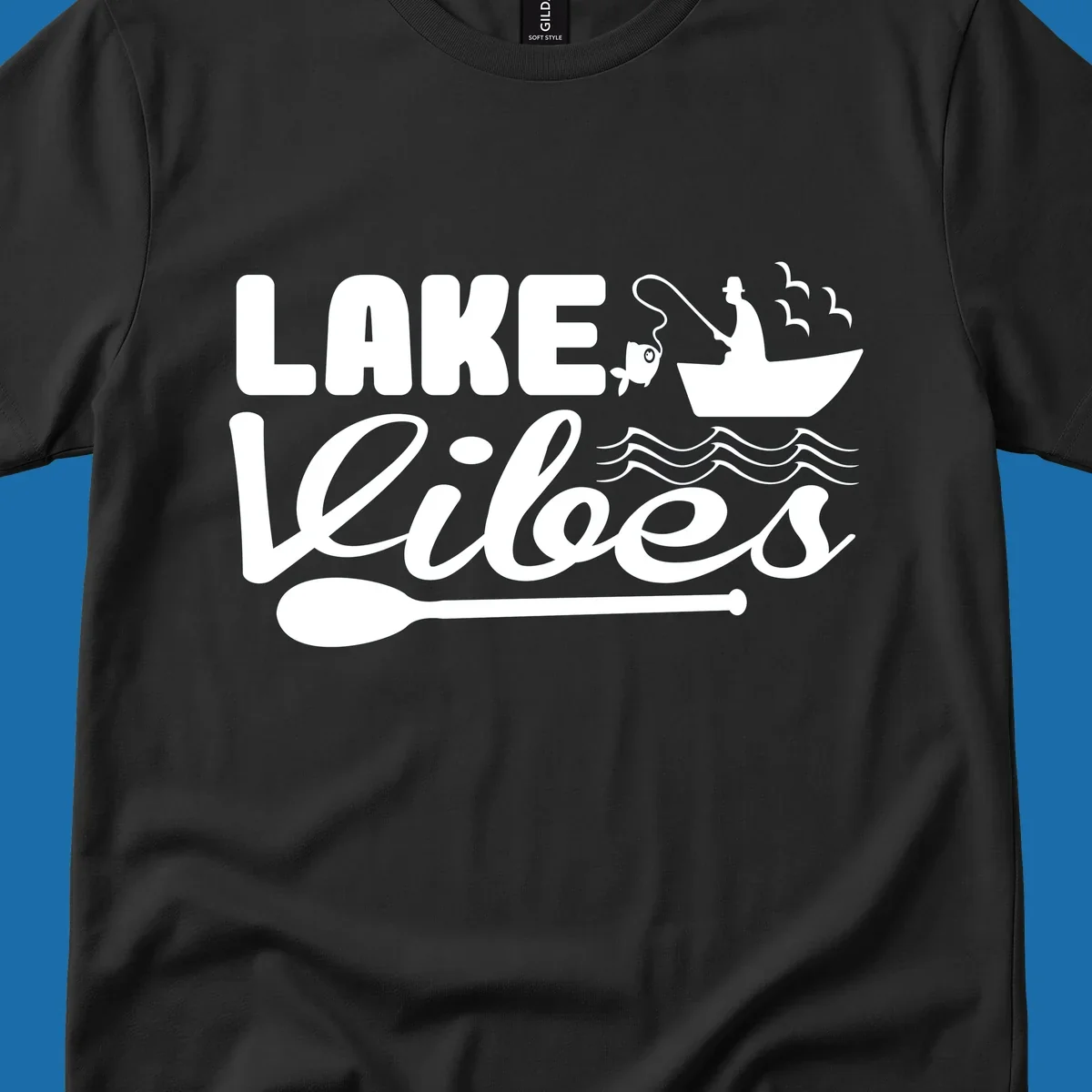 Lake Vibes fishing graphic with fisherman, boat, fish, and oar.