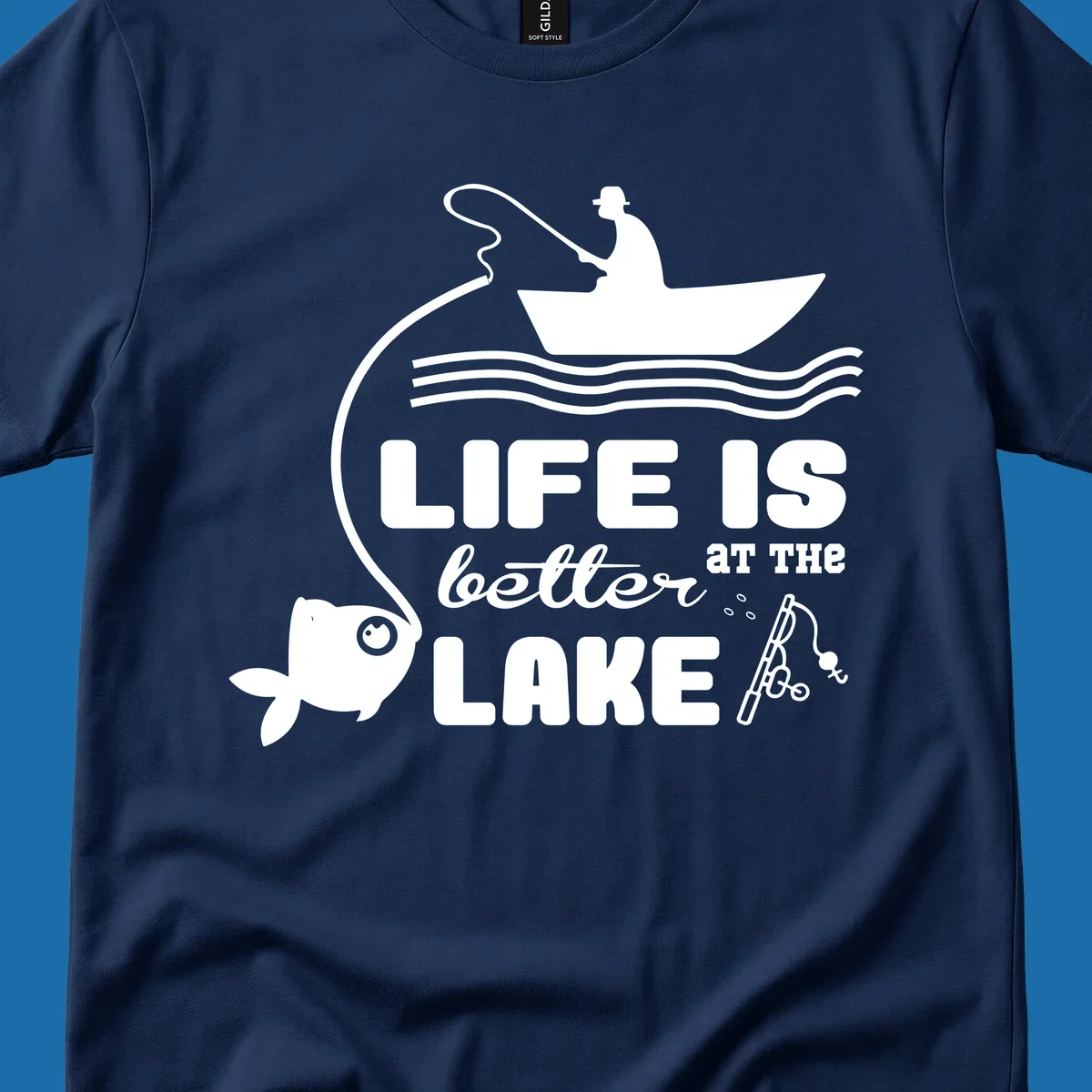Illustration of a fisherman in a boat with a fish on the line, with text 'LIFE IS better AT THE LAKE'.