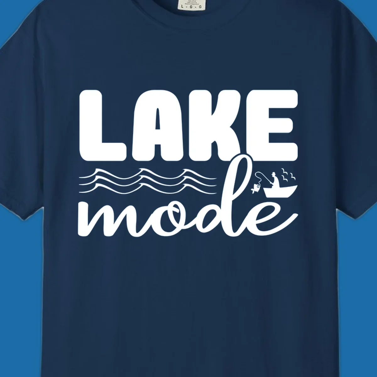 Lake Mode fishing typography design with waves and boat.
