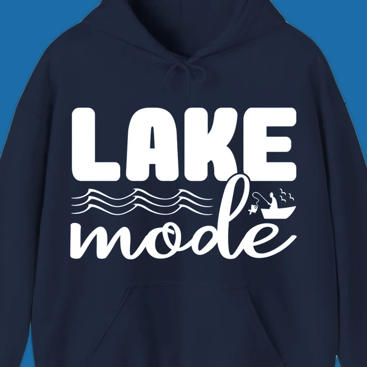 Lake Mode fishing typography design with waves and boat.