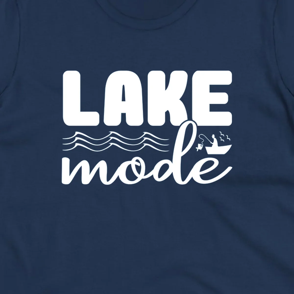 Lake Mode fishing typography design with waves and boat.