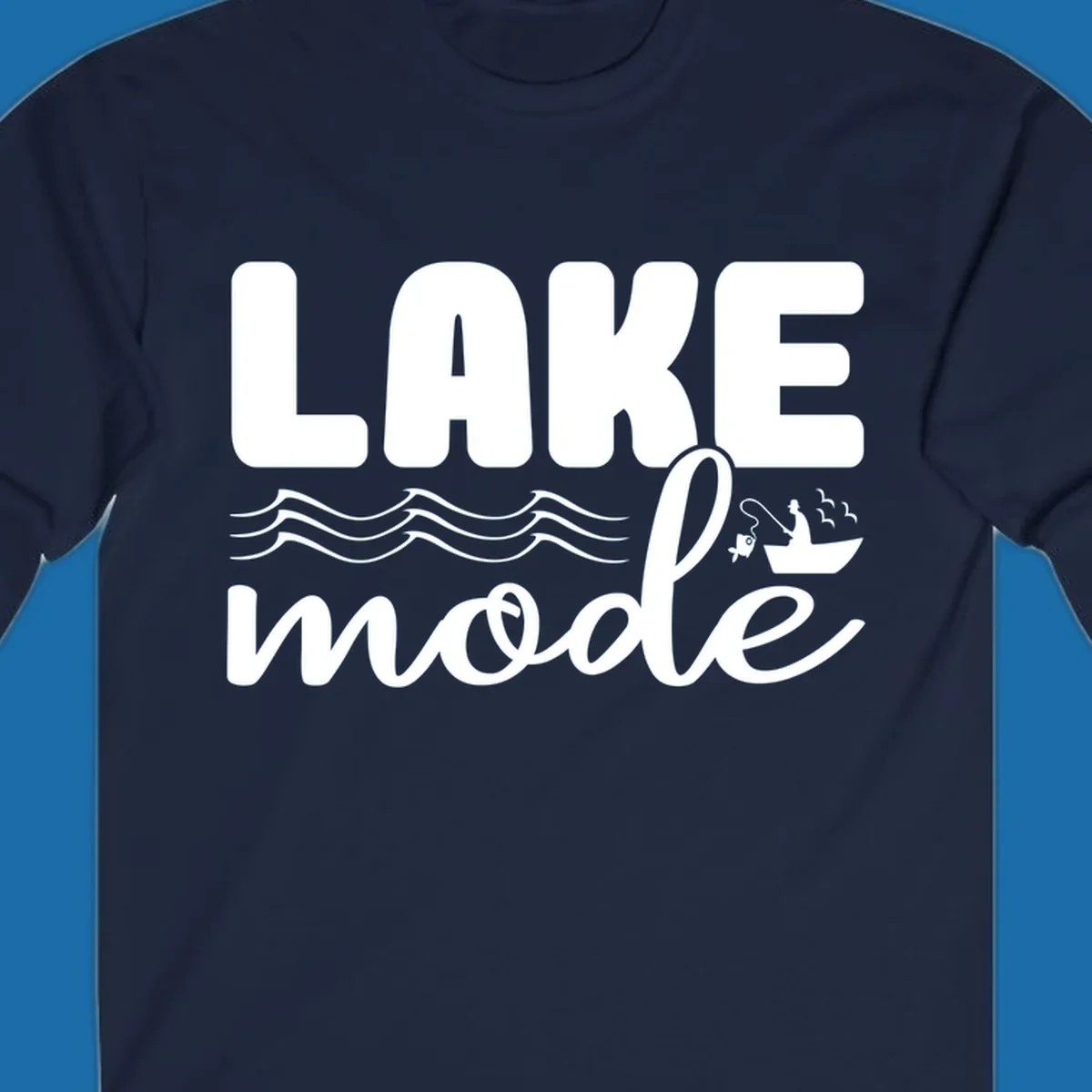 Lake Mode fishing typography design with waves and boat.