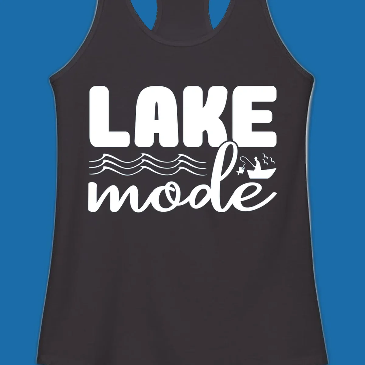 Lake Mode fishing typography design with waves and boat.