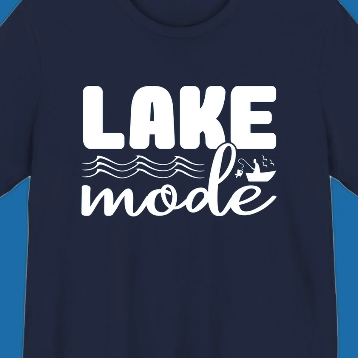 Lake Mode fishing typography design with waves and boat.