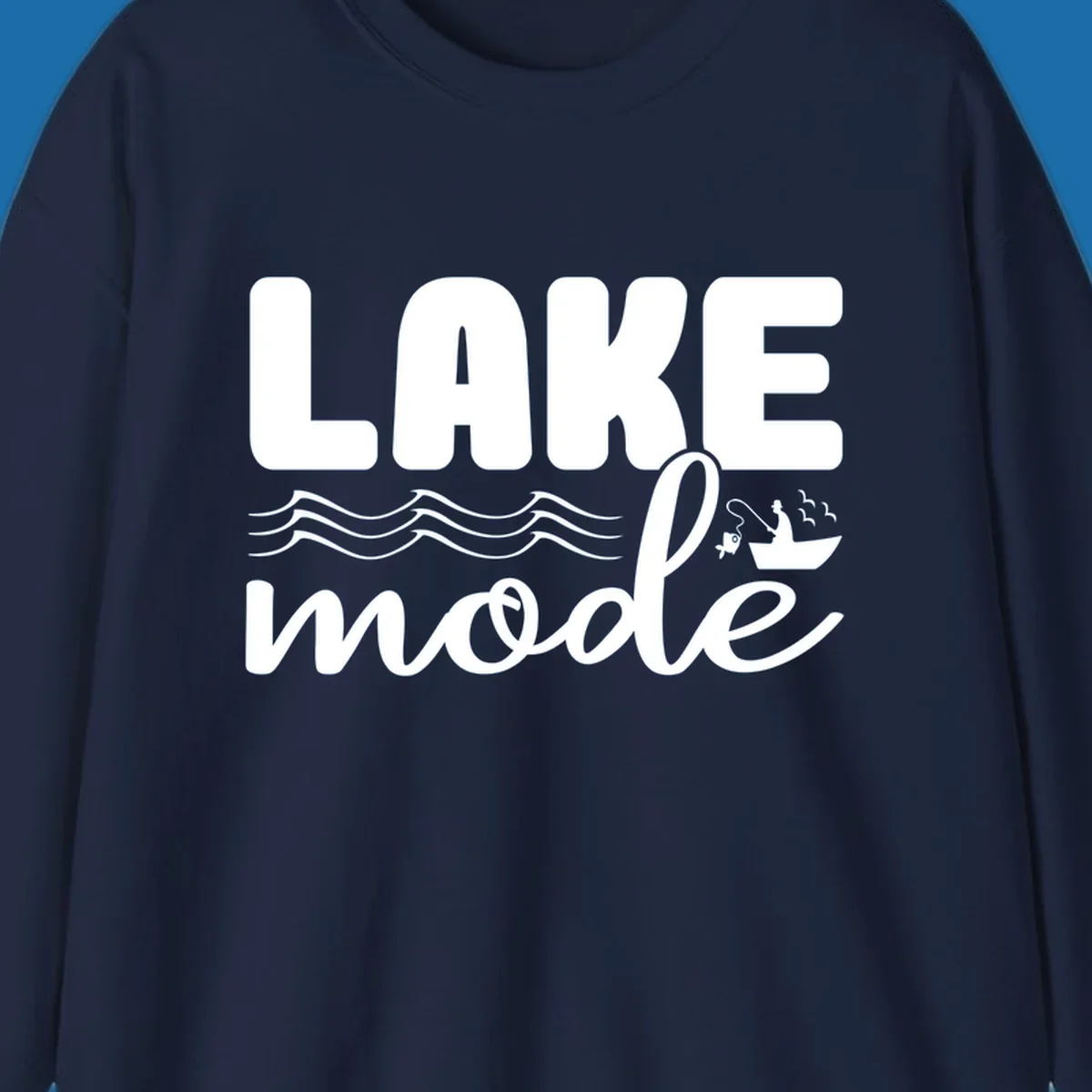 Lake Mode fishing typography design with waves and boat.