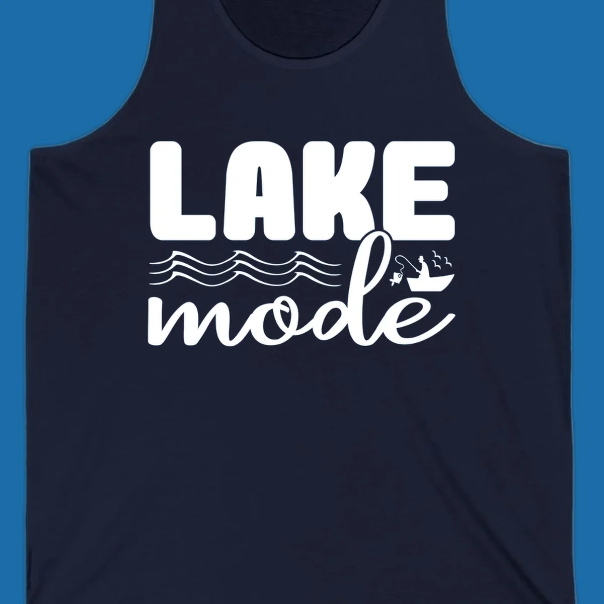 Lake Mode fishing typography design with waves and boat.