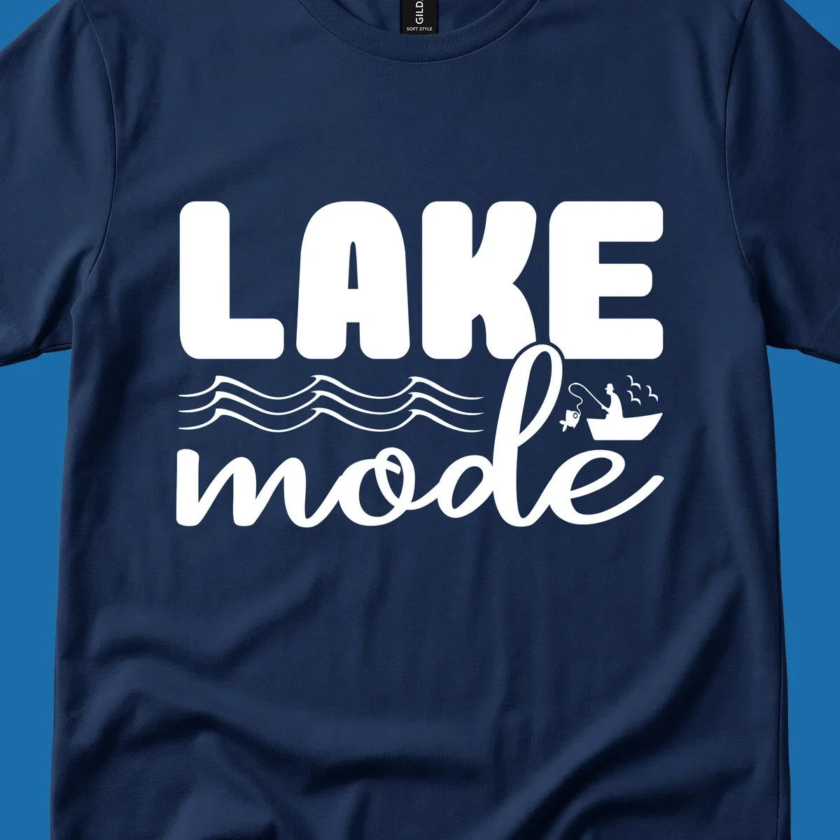 Lake Mode fishing typography design with waves and boat.