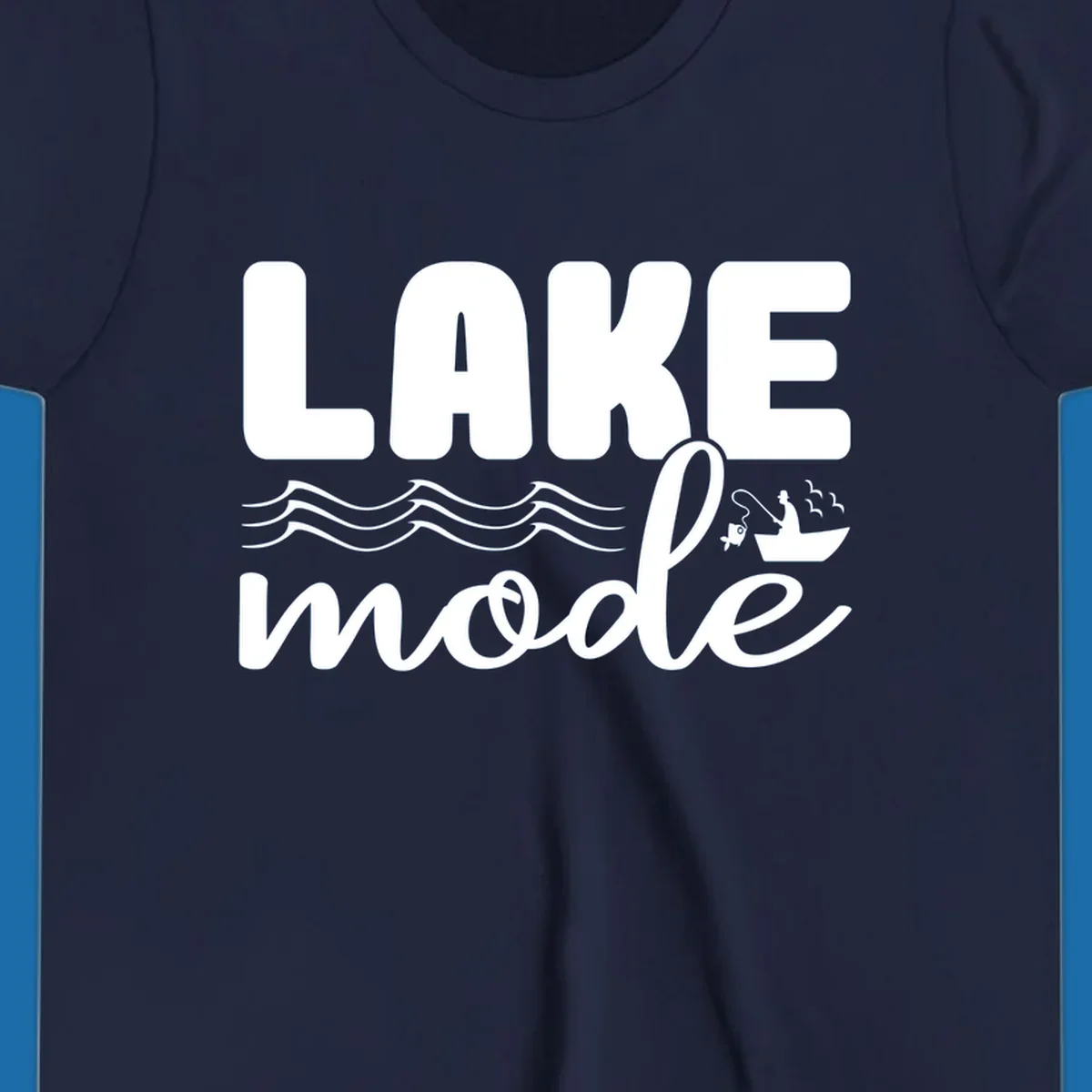 Lake Mode fishing typography design with waves and boat.