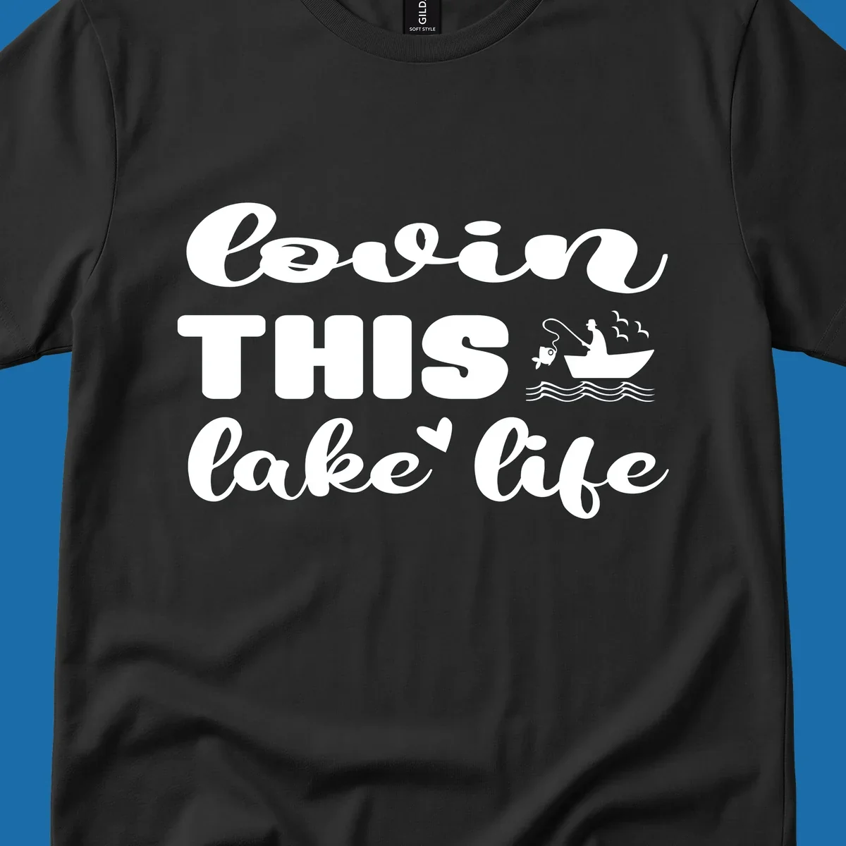 Lovin this lake life graphic with fisherman, fish, and birds.