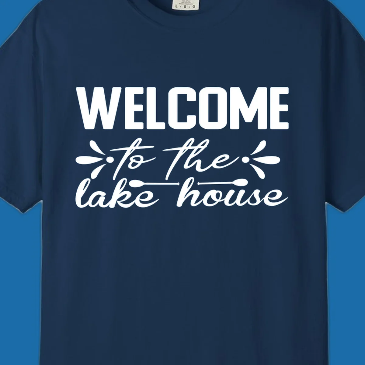 Welcome to the lake house text design with decorative elements.