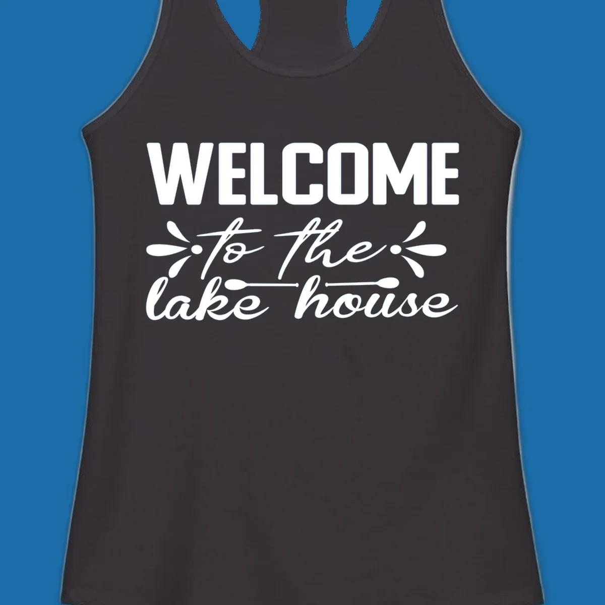 Welcome to the lake house text design with decorative elements.