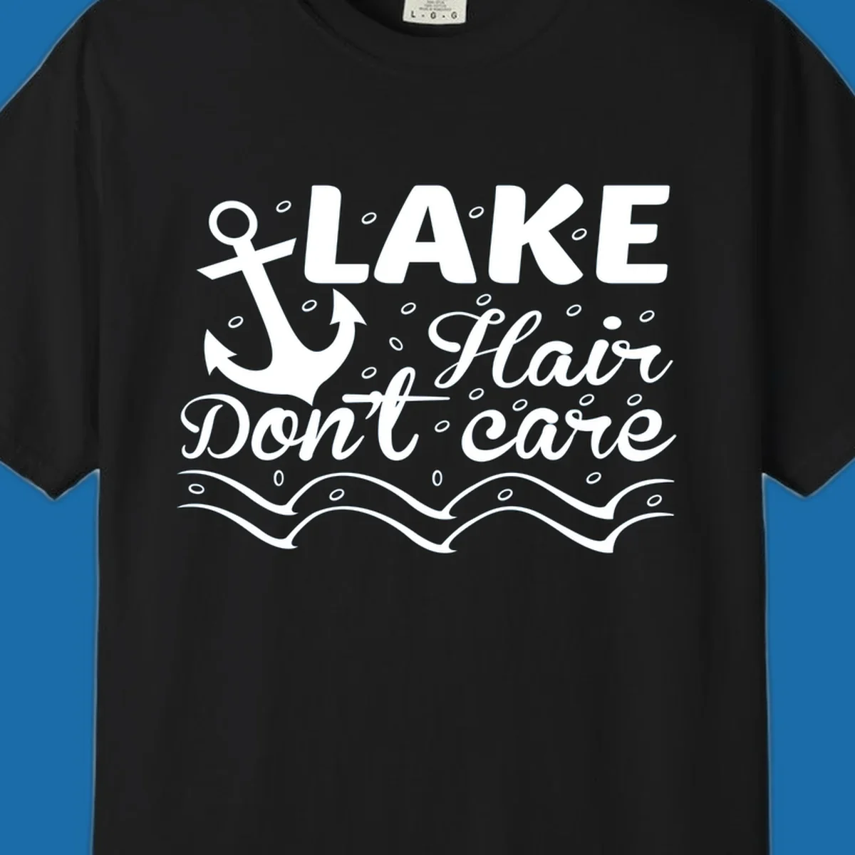 Lake Hair Don't Care anchor design with waves and small circles.