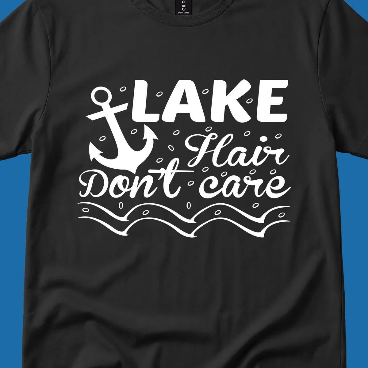 Lake Hair Don't Care anchor design with waves and small circles.