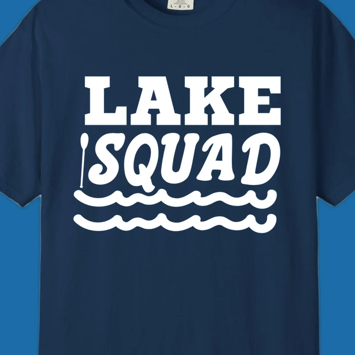 Lake squad text with oars and waves, for matching lake trip apparel.
