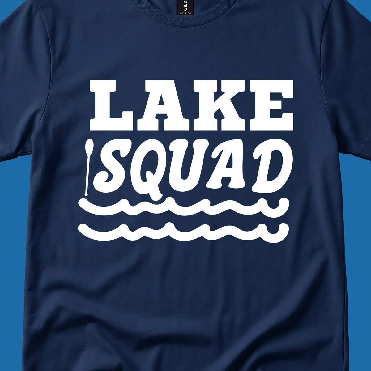 Lake squad text with oars and waves, for matching lake trip apparel.