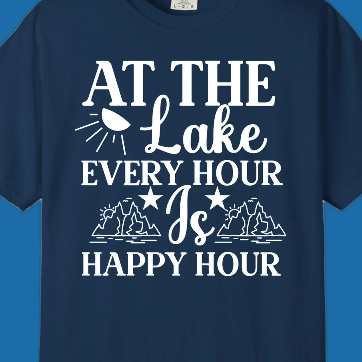 Lake happy hour text design with mountains, sun, and water illustrations.