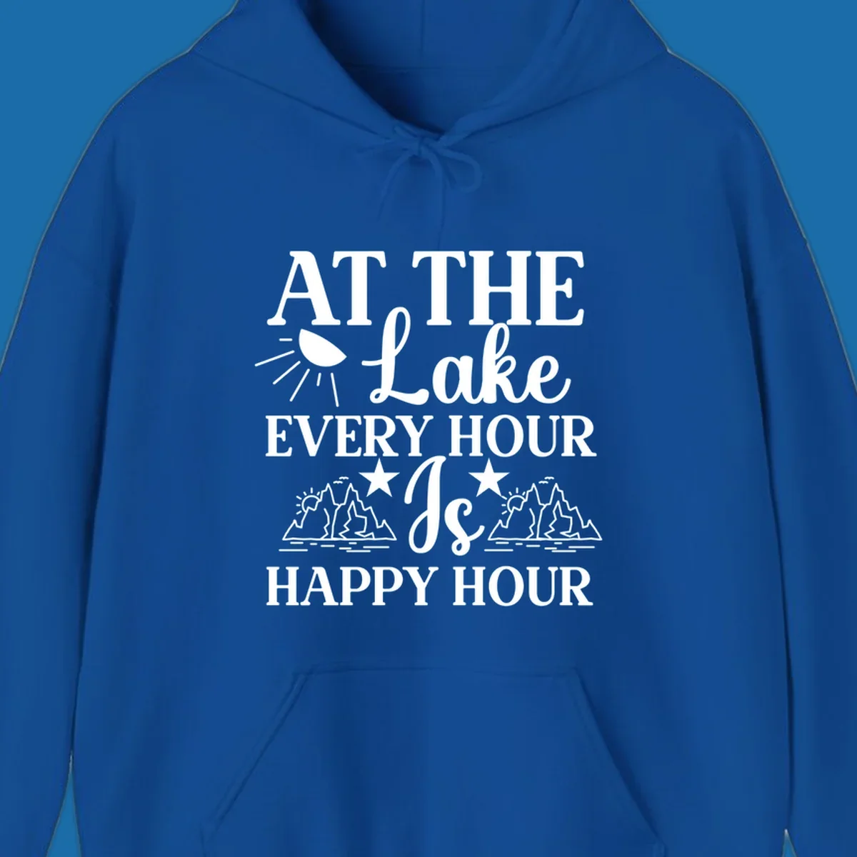Lake happy hour text design with mountains, sun, and water illustrations.