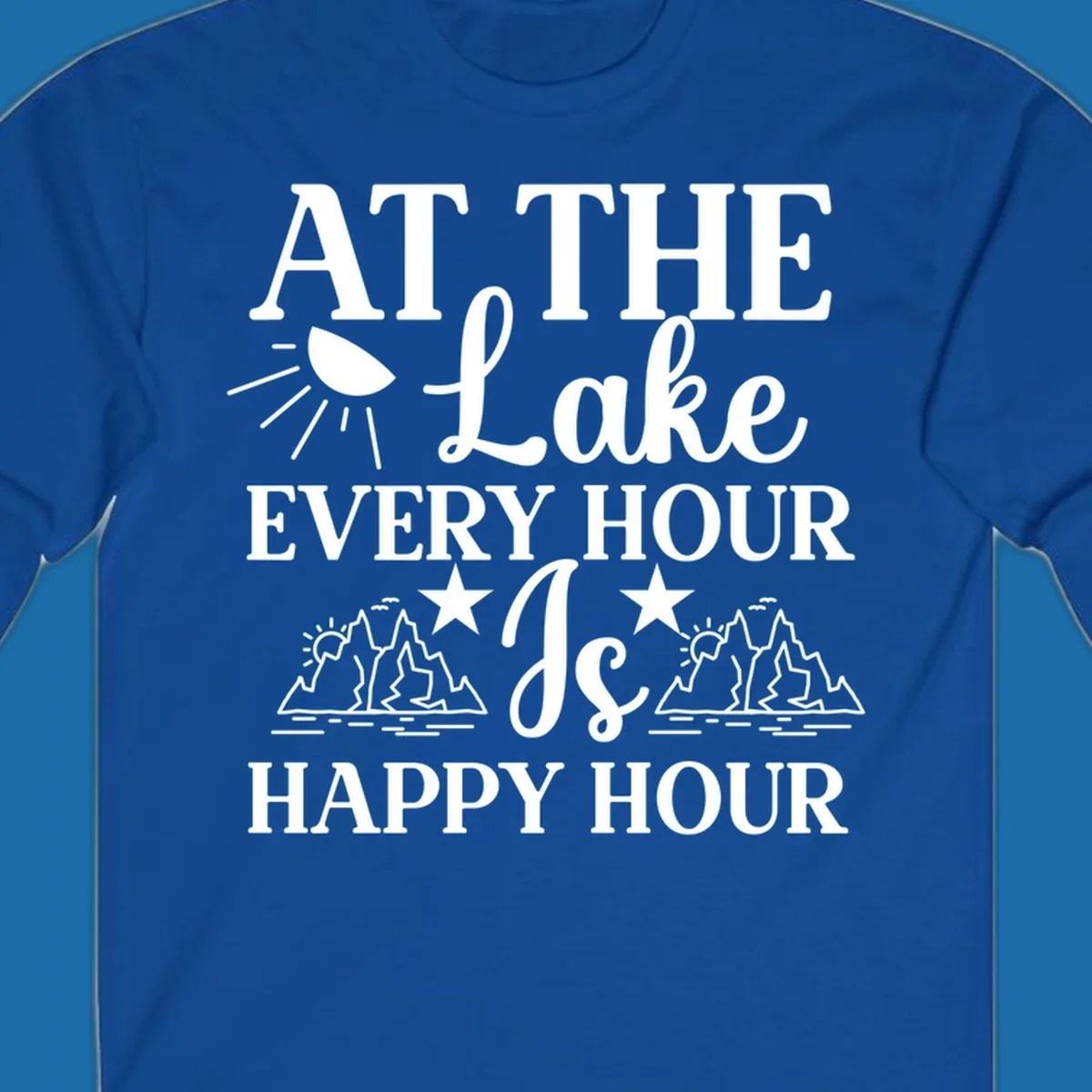 Lake happy hour text design with mountains, sun, and water illustrations.