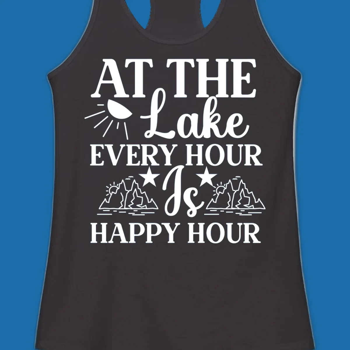 Lake happy hour text design with mountains, sun, and water illustrations.