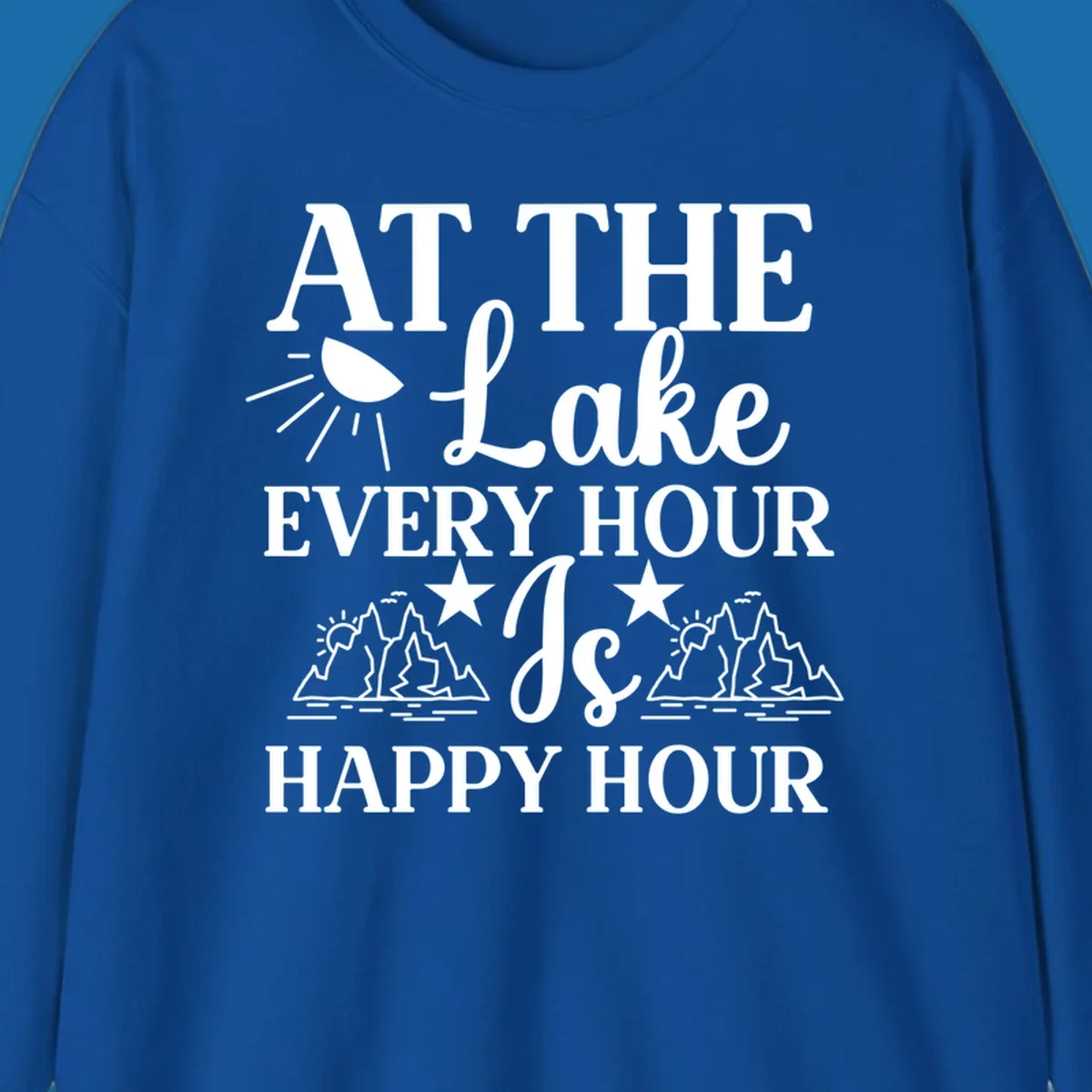 Lake happy hour text design with mountains, sun, and water illustrations.